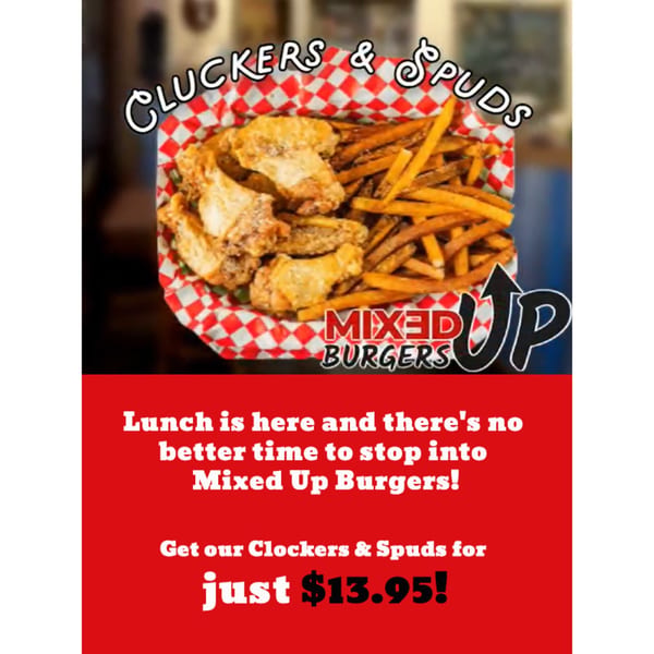Basket of crispy chicken wings and golden french fries from Mixed Up Burgers.
