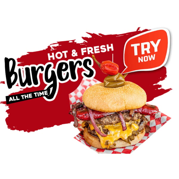 A Mixed Up Burgers double cheeseburger with red onions, peppers, and a red and green chili on top.